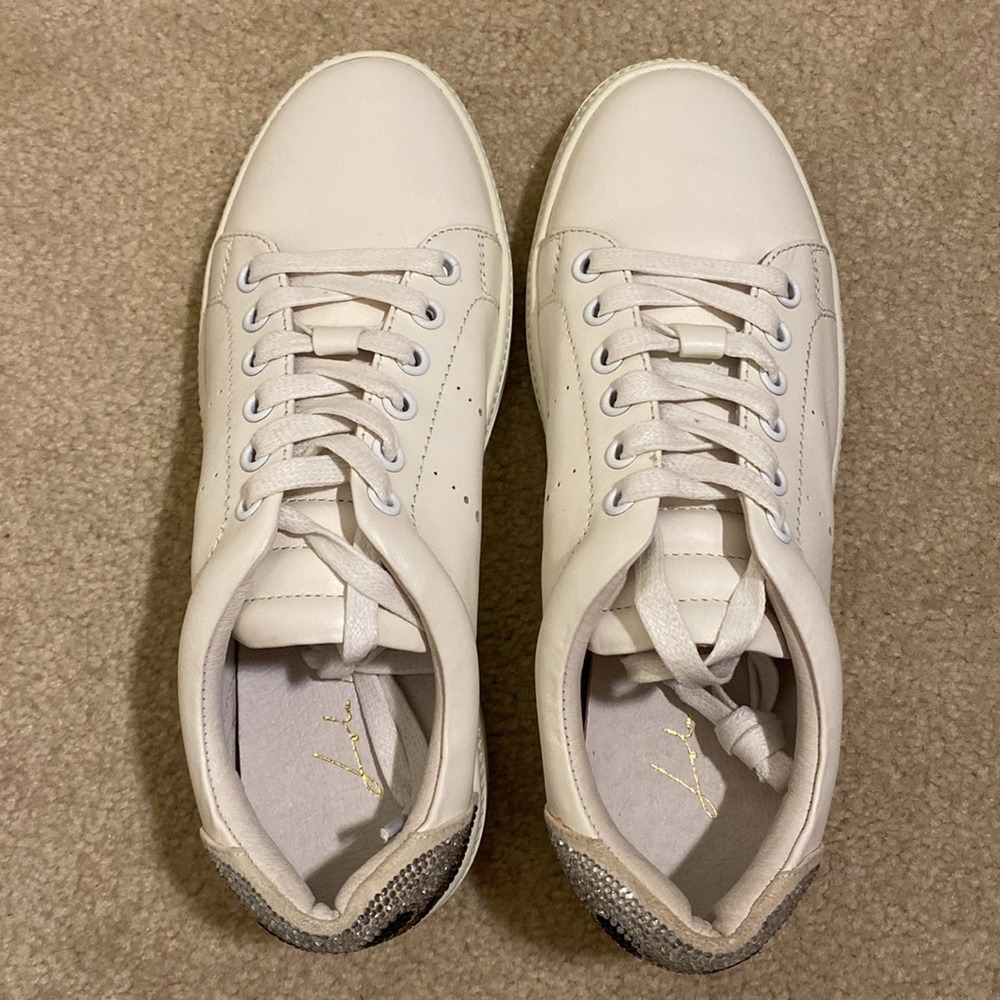 Lola Cruz White Leather Sneakers Silver Rhinestone Smile Wink Size 37 - Picture 7 of 14